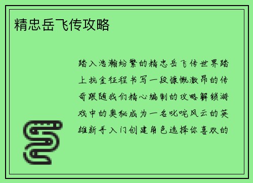 精忠岳飞传攻略